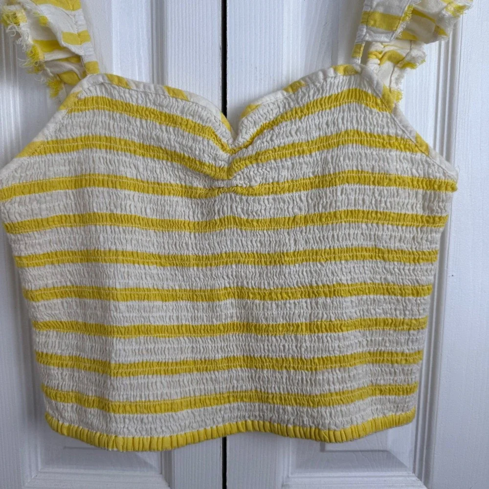 Free‎ People Yellow White Striped Smocked Crop Top Ruffle Cottagecore LG Boho